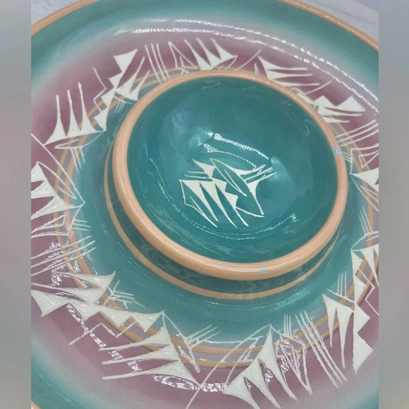 Clay Navajo Pottery Handcrafted Serveware Ombré Teal and Rose White Etchings - Picture 2 of 4